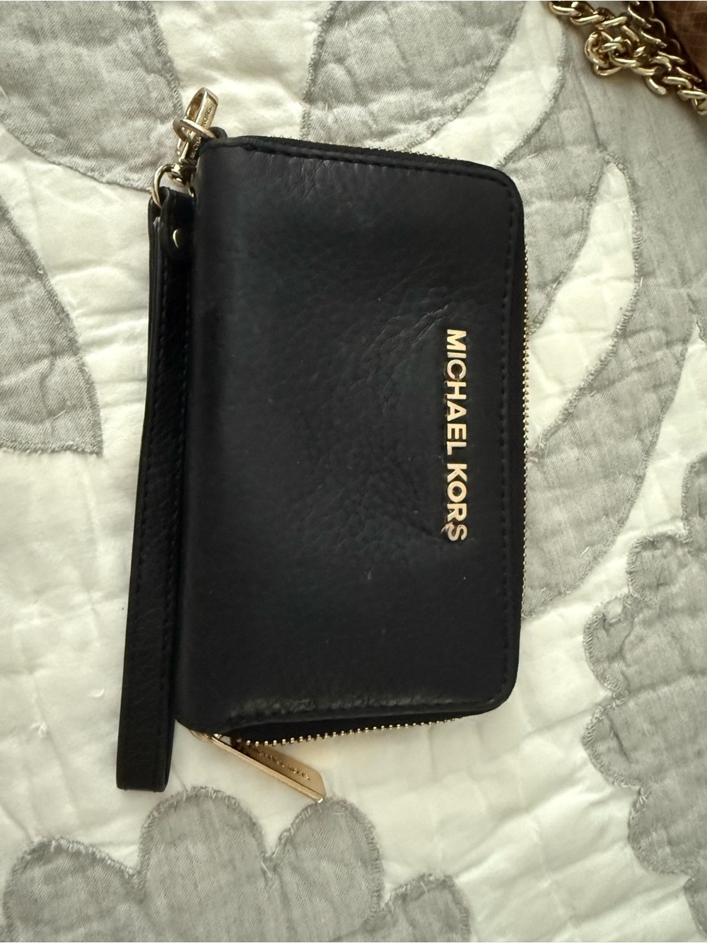 Michael Kors Black Leather Zip-Around Wristlet Card Holder with Gold Logo